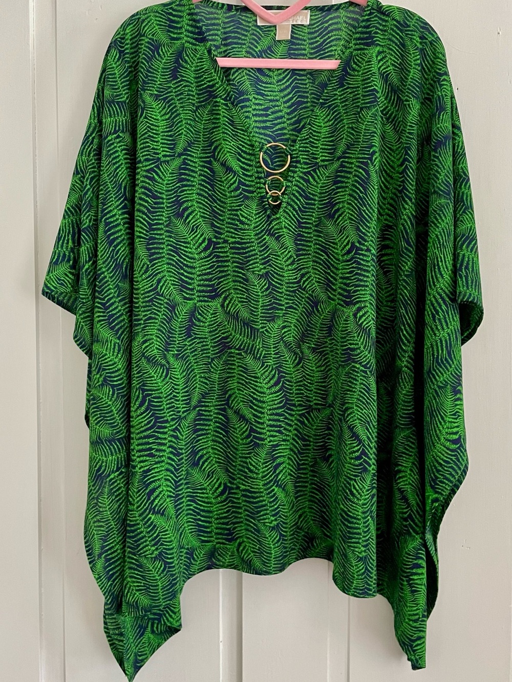 Michael Kors Green Fern-Print V-Neck Top with Ring Detail